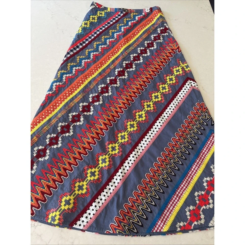 TORY BURCH Sz 2 CLEMENTE Bohemian MAXI Skirt Chevron Boho Embroidered‎ Patchwork